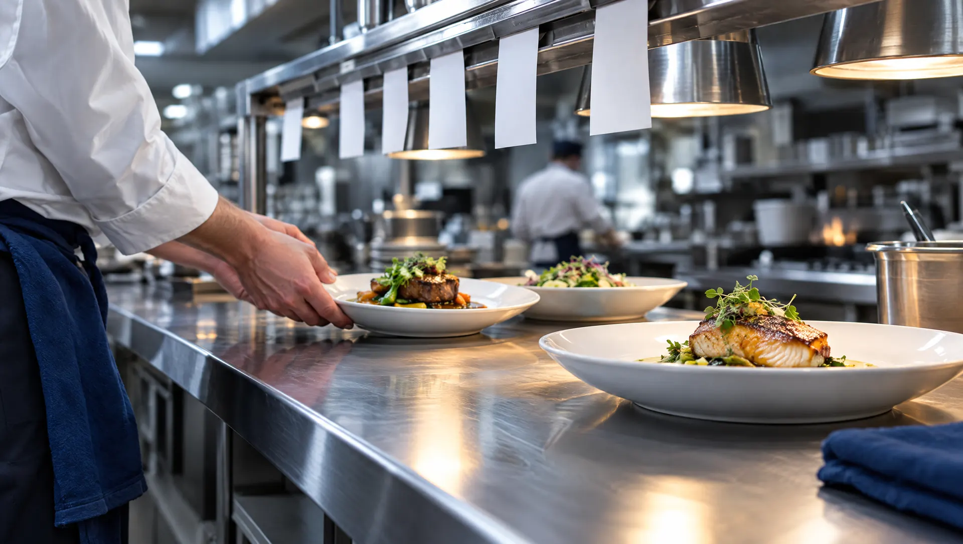 A chef placing plated dishes on a stainless steel kitchen pass under a rail of order tickets